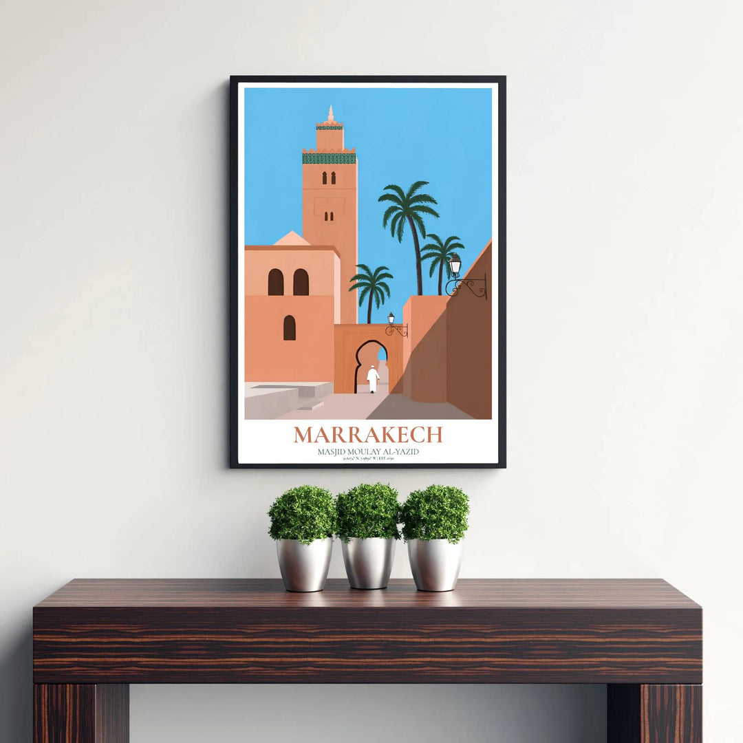 Terracotta pink and azure blue sky photo poster of Marrakech Kasbah Mosque in North Africa under crisp afternoon sunlight. Published by MapYourDreams, this artwork is available in flexible options including unframed paper, custom wooden frames, and gallery canvas wraps for fine art display.
