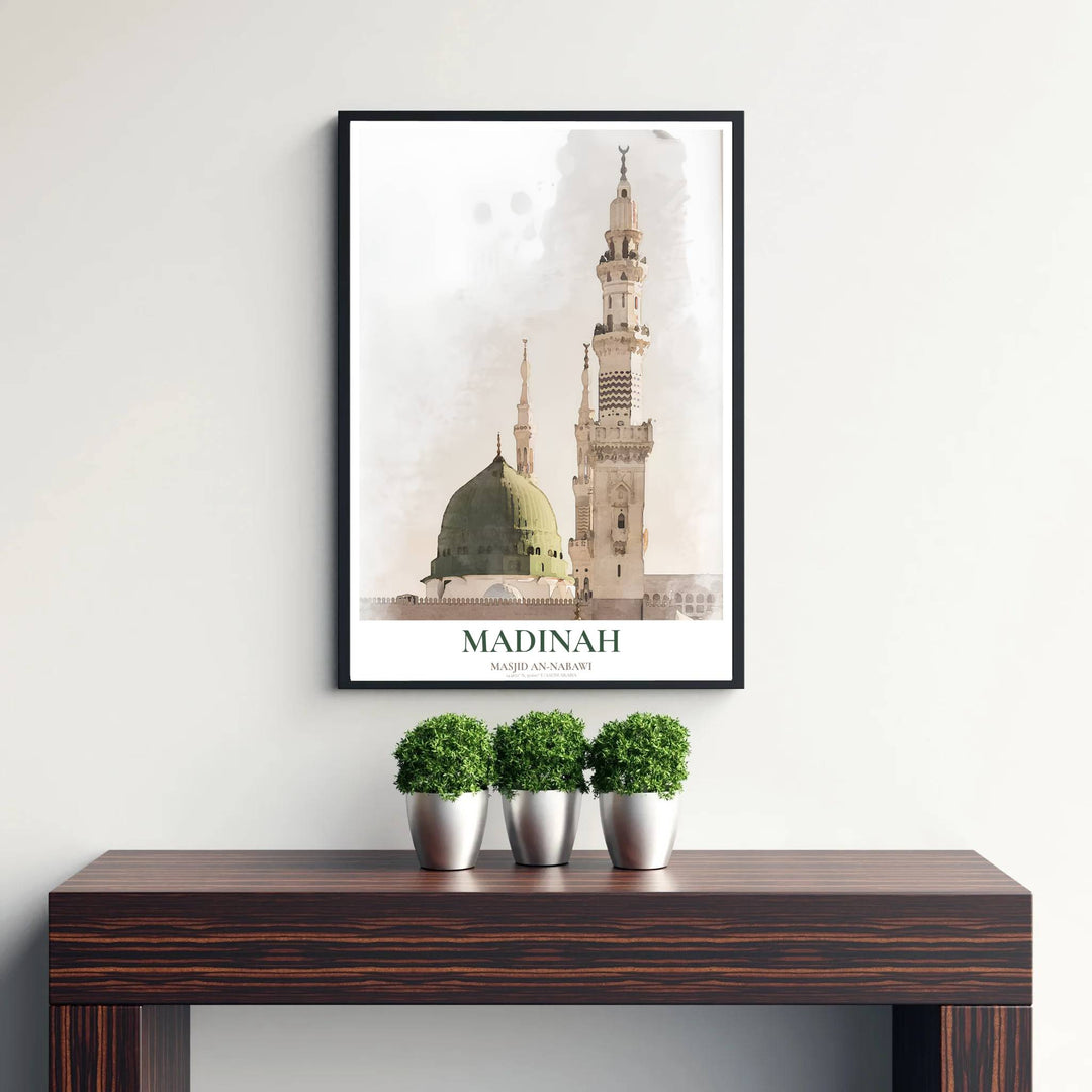 Soft sage green and alabaster cream watercolor photo poster of Al Masjid an Nabawi in Medina under gentle ambient lighting. Published by MapYourDreams, this artwork is available in flexible options including unframed paper, custom wooden frames, and gallery canvas wraps for fine art display.
