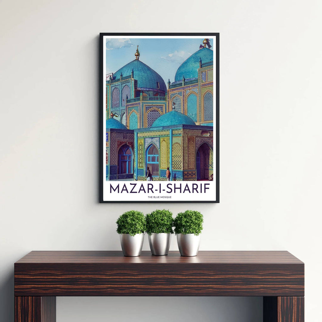 Turquoise blue and gold photo poster of Mazar-i-Sharif Blue Mosque in Central Asia under bright clear sky illumination. Published by MapYourDreams, this artwork is available in flexible options including unframed paper, custom wooden frames, and gallery canvas wraps for fine art display.