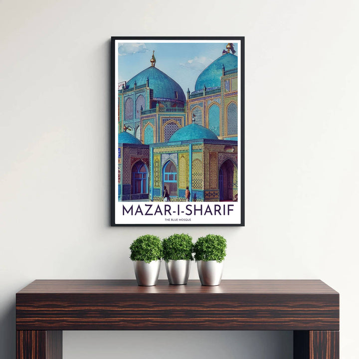 Turquoise blue and gold photo poster of Mazar-i-Sharif Blue Mosque in Central Asia under bright clear sky illumination. Published by MapYourDreams, this artwork is available in flexible options including unframed paper, custom wooden frames, and gallery canvas wraps for fine art display.