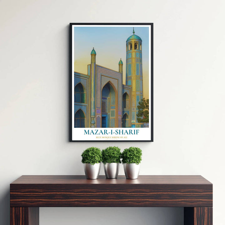 Cobalt blue and gold photo poster of Mazar-i-Sharif Blue Mosque in Central Asia under warm twilight lighting. Published by MapYourDreams, this artwork is available in flexible options including unframed paper, custom wooden frames, and gallery canvas wraps for fine art display.