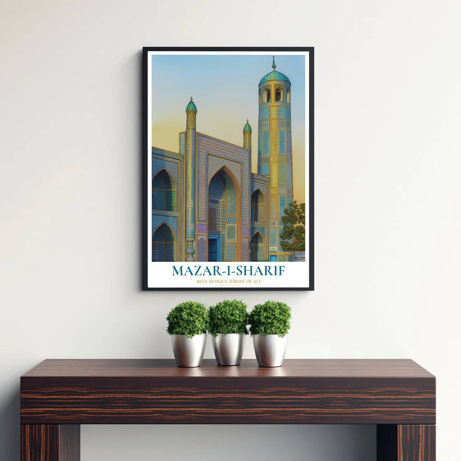 Cobalt blue and gold photo poster of Mazar-i-Sharif Blue Mosque in Central Asia under warm twilight lighting. Published by MapYourDreams, this artwork is available in flexible options including unframed paper, custom wooden frames, and gallery canvas wraps for fine art display.