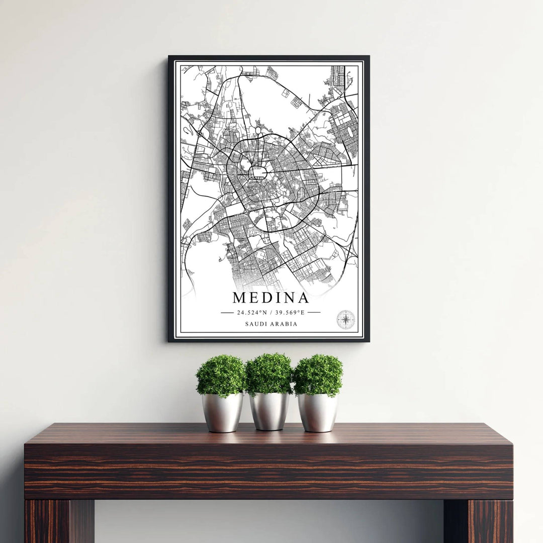 High-contrast black and white vector line photo poster of Medina city map under clean minimalist studio lighting. Published by MapYourDreams, this artwork is available in flexible options including unframed paper, custom wooden frames, and gallery canvas wraps for fine art display.