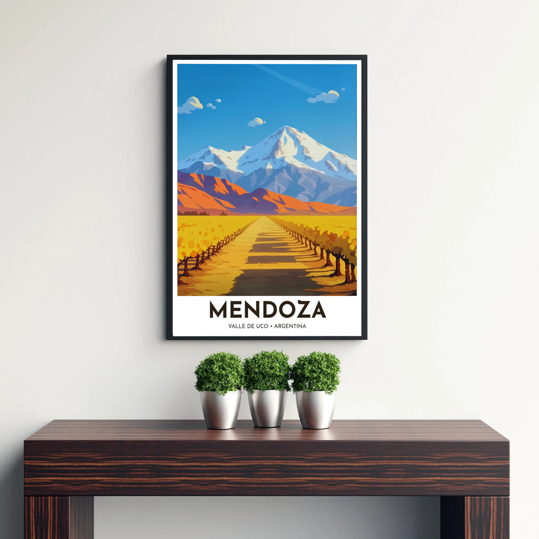 Vibrant travel art print capturing the sunny grape harvest atmosphere and alpine mountain backdrop of Mendoza. Offered by MapYourDreams, customers can choose between standalone paper prints, ready-to-hang wooden frames, and gallery canvas wraps.