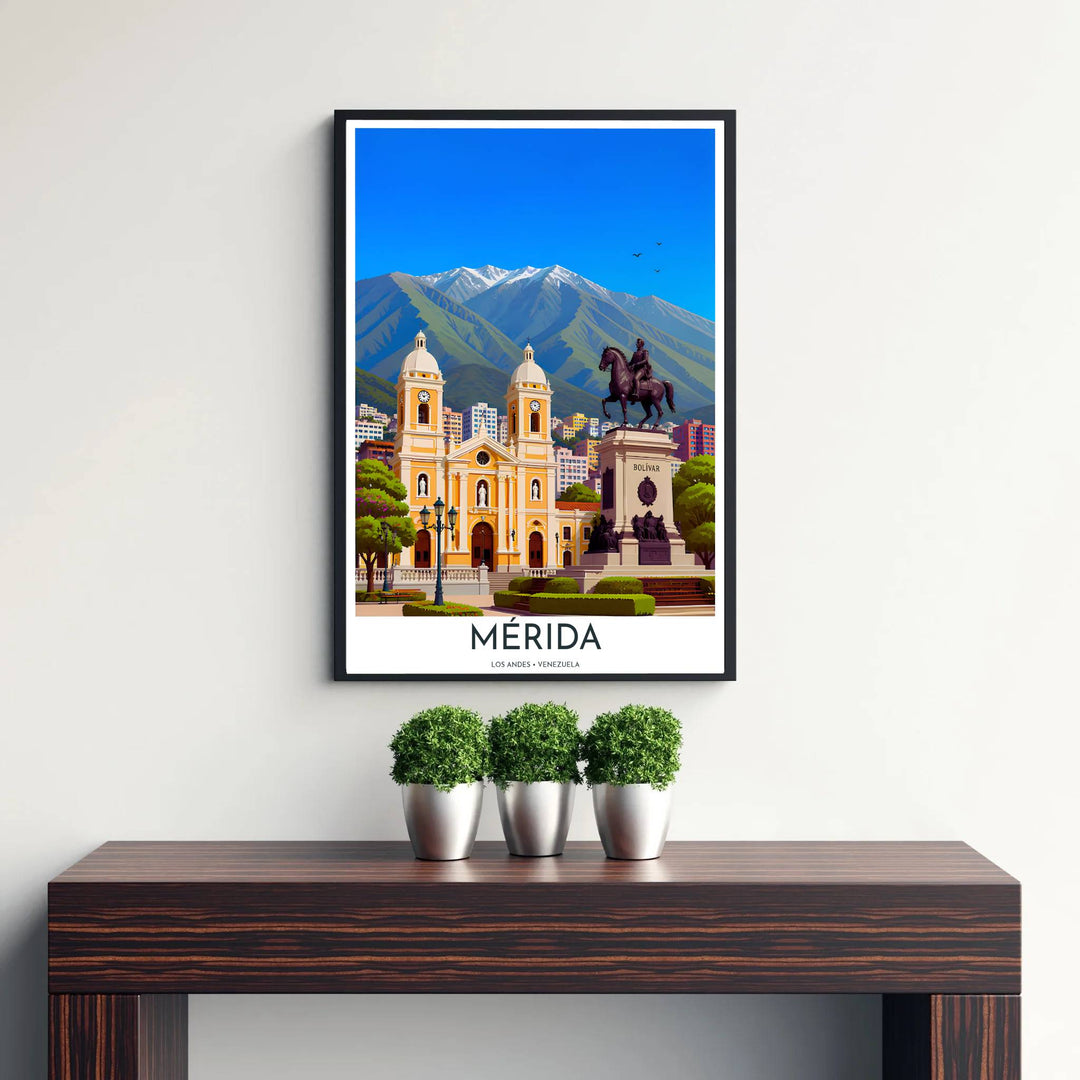 High-contrast yellow, bronze, slate blue, and white wall art showing Plaza Bolívar and the Andes mountains in Mérida. Curated by MapYourDreams, this wall piece offers customizable choices such as archival paper prints, real wood frames, or canvas wraps.