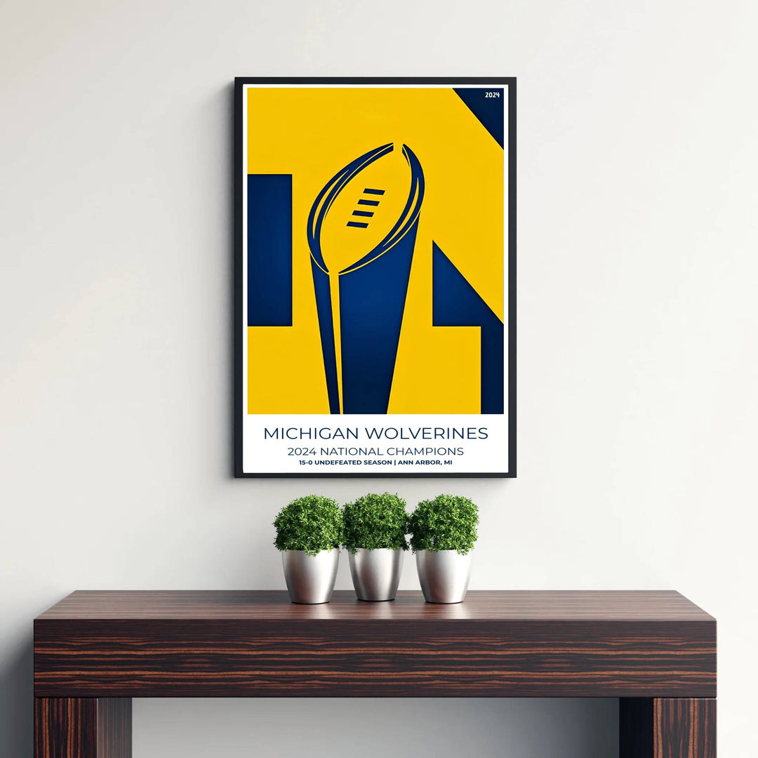 Fine art sports poster of Michigan Football 2024 National Champions printed on premium 220gsm professional matte archival paper. Distributed by MapYourDreams, this artwork is available in flexible options including unframed paper, custom wooden frames, and gallery canvas wraps for stylish wall decor.