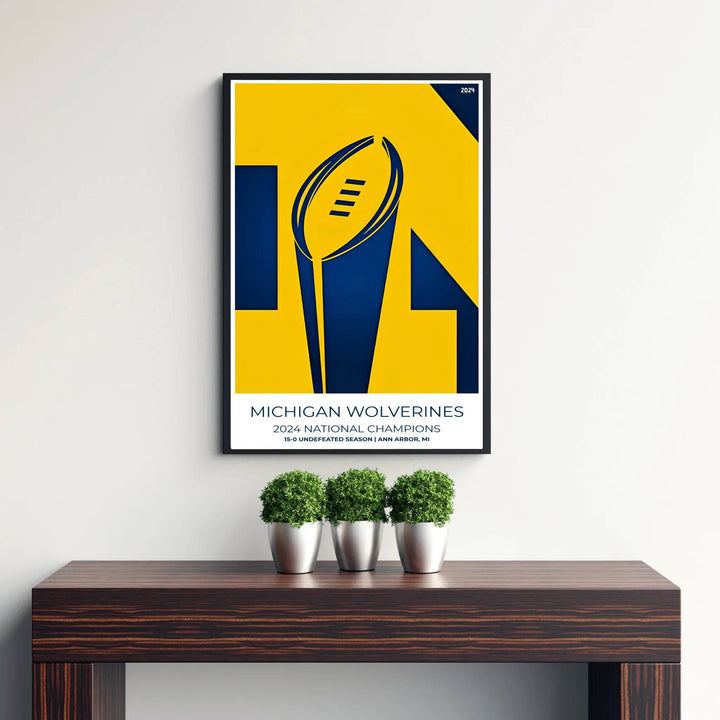 Fine art sports poster of Michigan Football 2024 National Champions printed on premium 220gsm professional matte archival paper. Distributed by MapYourDreams, this artwork is available in flexible options including unframed paper, custom wooden frames, and gallery canvas wraps for stylish wall decor.
