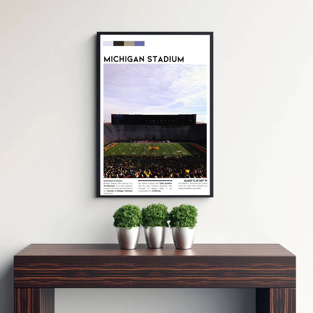 Symmetrical infographic print of historic Michigan Stadium showing bowl capacity notes and team history text. Curated by MapYourDreams, this artwork is available in flexible options including unframed paper, custom wooden frames, and gallery canvas wraps tailored for interior design.