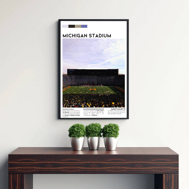 Symmetrical infographic print of historic Michigan Stadium showing bowl capacity notes and team history text. Curated by MapYourDreams, this artwork is available in flexible options including unframed paper, custom wooden frames, and gallery canvas wraps tailored for interior design.