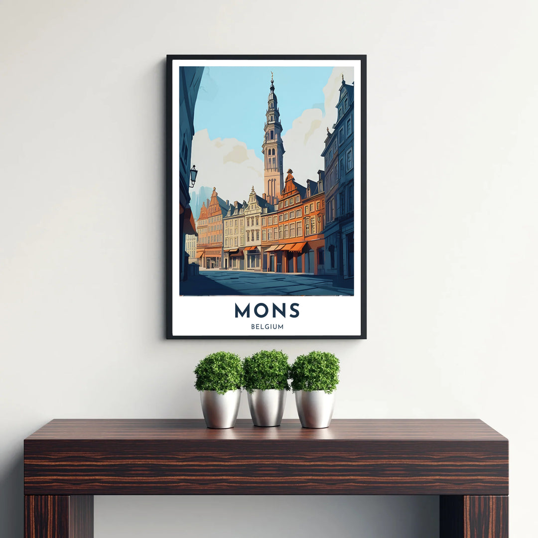 Architectural illustration poster showcasing step-gabled guild houses and the towering Baroque belfry of Mons, Belgium. Available from MapYourDreams in versatile choices including unframed archival poster paper, custom frames, and stretched gallery canvas formats.