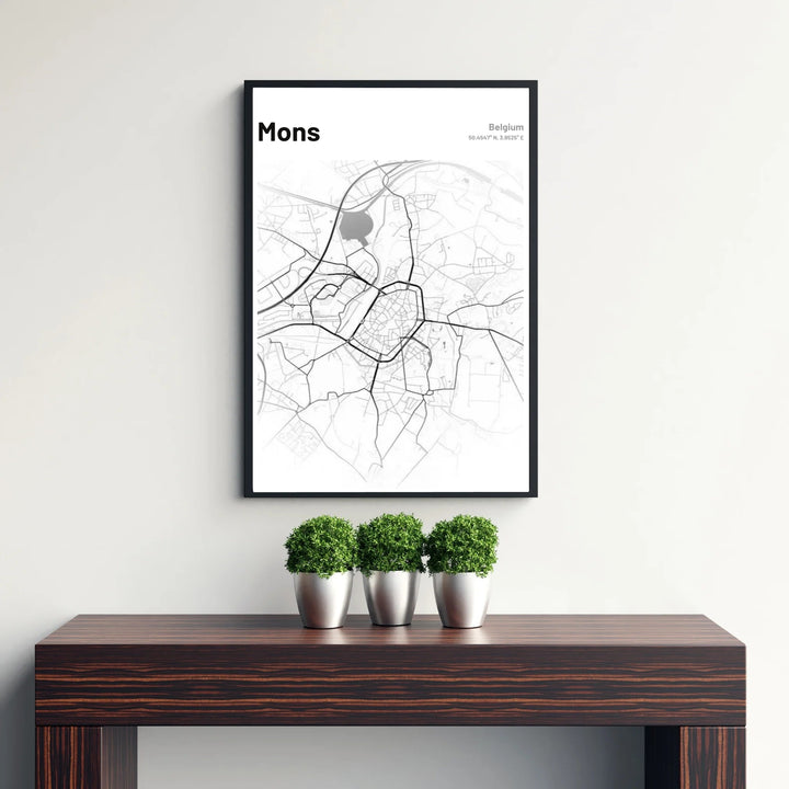 Detail-oriented black and white map design of Mons, Belgium, highlighting main thoroughfares, secondary streets, and waterways. Offered by MapYourDreams, this artwork is available in flexible options including unframed paper, custom wooden frames, and gallery canvas wraps.