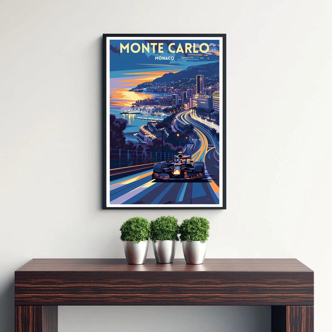 High-contrast artwork capturing a race car on the coastal road in Monte Carlo, Monaco, with sweeping light trails, deep blue shadows, and a warm golden sunset; available in your choice of display formats including gallery canvas prints, unframed posters, and framed art.