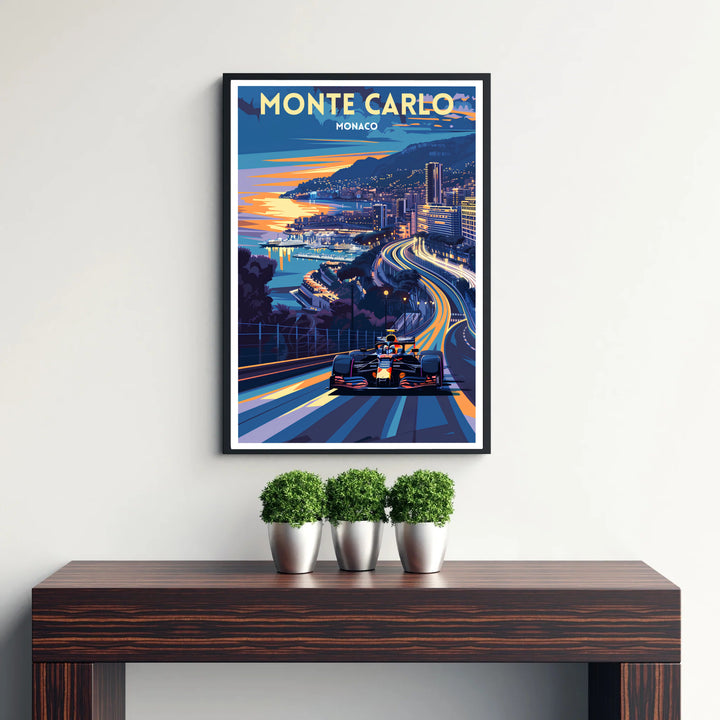 High-contrast artwork capturing a race car on the coastal road in Monte Carlo, Monaco, with sweeping light trails, deep blue shadows, and a warm golden sunset; available in your choice of display formats including gallery canvas prints, unframed posters, and framed art.