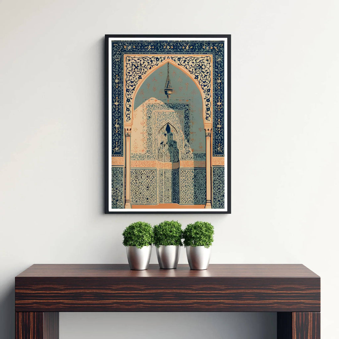 Sapphire blue and warm peach shadow photo poster of an Alhambra inspired archway under soft ambient courtyard lighting. Published by MapYourDreams, this artwork is available in flexible options including unframed paper, custom wooden frames, and gallery canvas wraps for fine art display.