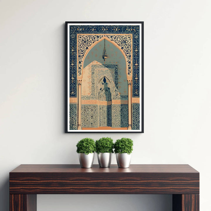 Sapphire blue and warm peach shadow photo poster of an Alhambra inspired archway under soft ambient courtyard lighting. Published by MapYourDreams, this artwork is available in flexible options including unframed paper, custom wooden frames, and gallery canvas wraps for fine art display.