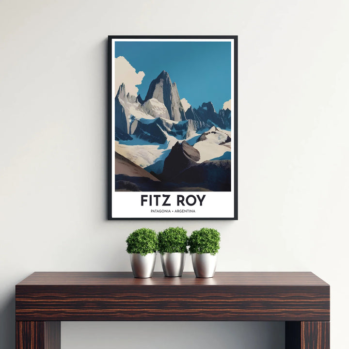 High-contrast alpine wall art showing cool slate blue sky, pure white glacier snow, and navy shadow lines on Mount Fitz Roy. Curated by MapYourDreams, this wall piece offers customizable choices such as archival paper prints, real wood frames, or canvas wraps.