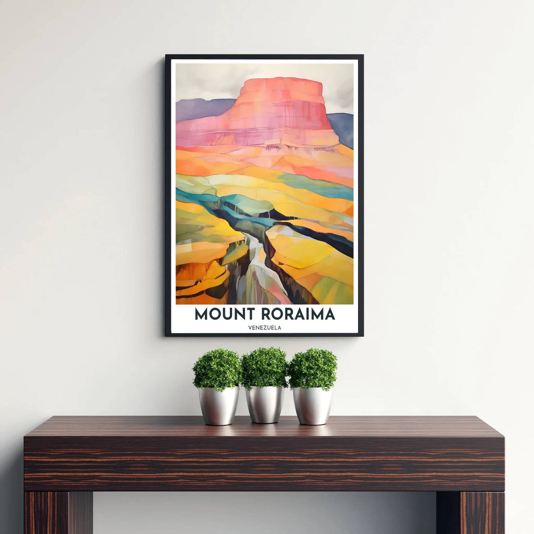 High-contrast coral pink, golden ochre, and slate blue wall art showing the tepui plateau and canyon of Mount Roraima. Curated by MapYourDreams, this wall piece offers customizable choices such as archival paper prints, real wood frames, or canvas wraps.