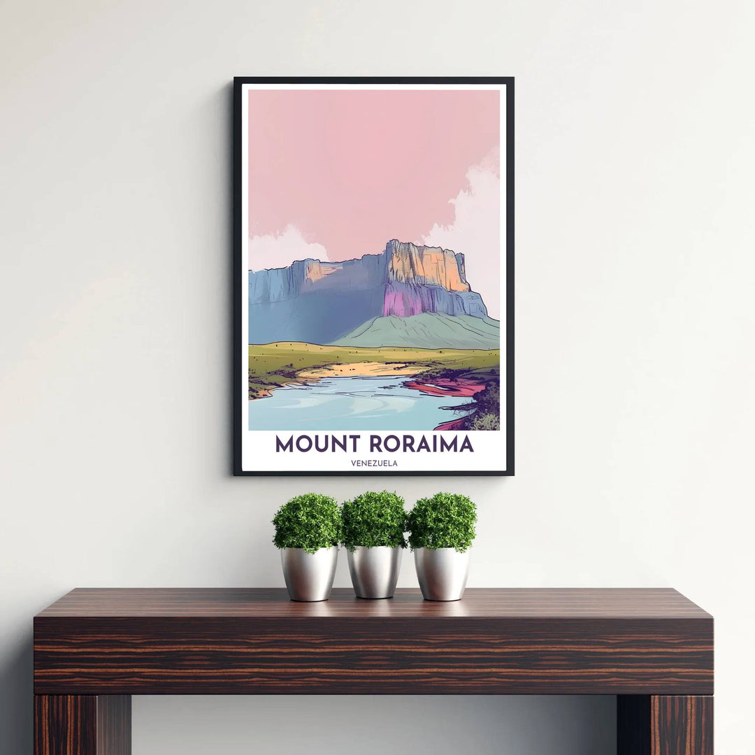 High-contrast blush pink, golden amber, and slate blue wall art showing the tepui cliff and river basin of Mount Roraima. Curated by MapYourDreams, this wall piece offers customizable choices such as archival paper prints, real wood frames, or canvas wraps.