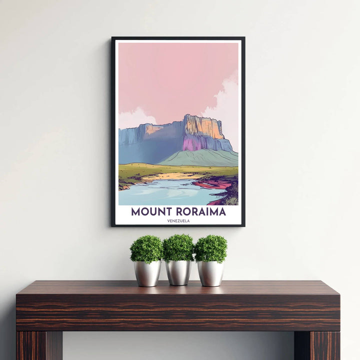 High-contrast blush pink, golden amber, and slate blue wall art showing the tepui cliff and river basin of Mount Roraima. Curated by MapYourDreams, this wall piece offers customizable choices such as archival paper prints, real wood frames, or canvas wraps.
