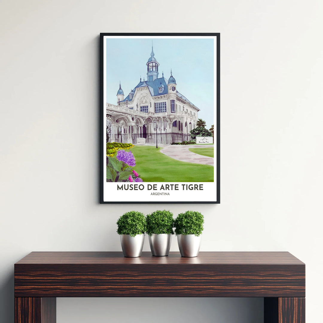 Delicate watercolor travel art print capturing the ornate cupolas, arched loggias, and lush lawns of the Museo de Arte Tigre estate. Offered by MapYourDreams, customers can choose between standalone paper prints, ready-to-hang wooden frames, and gallery canvas wraps.