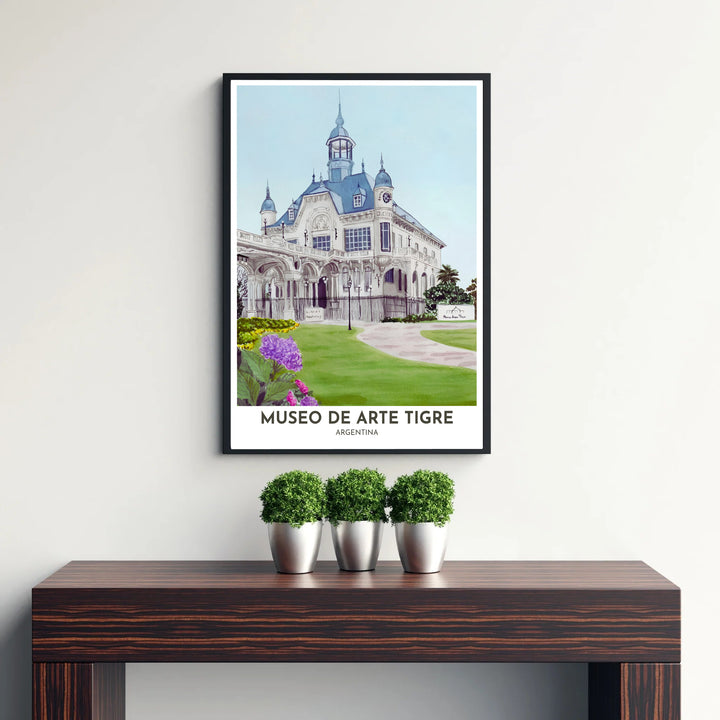 Delicate watercolor travel art print capturing the ornate cupolas, arched loggias, and lush lawns of the Museo de Arte Tigre estate. Offered by MapYourDreams, customers can choose between standalone paper prints, ready-to-hang wooden frames, and gallery canvas wraps.