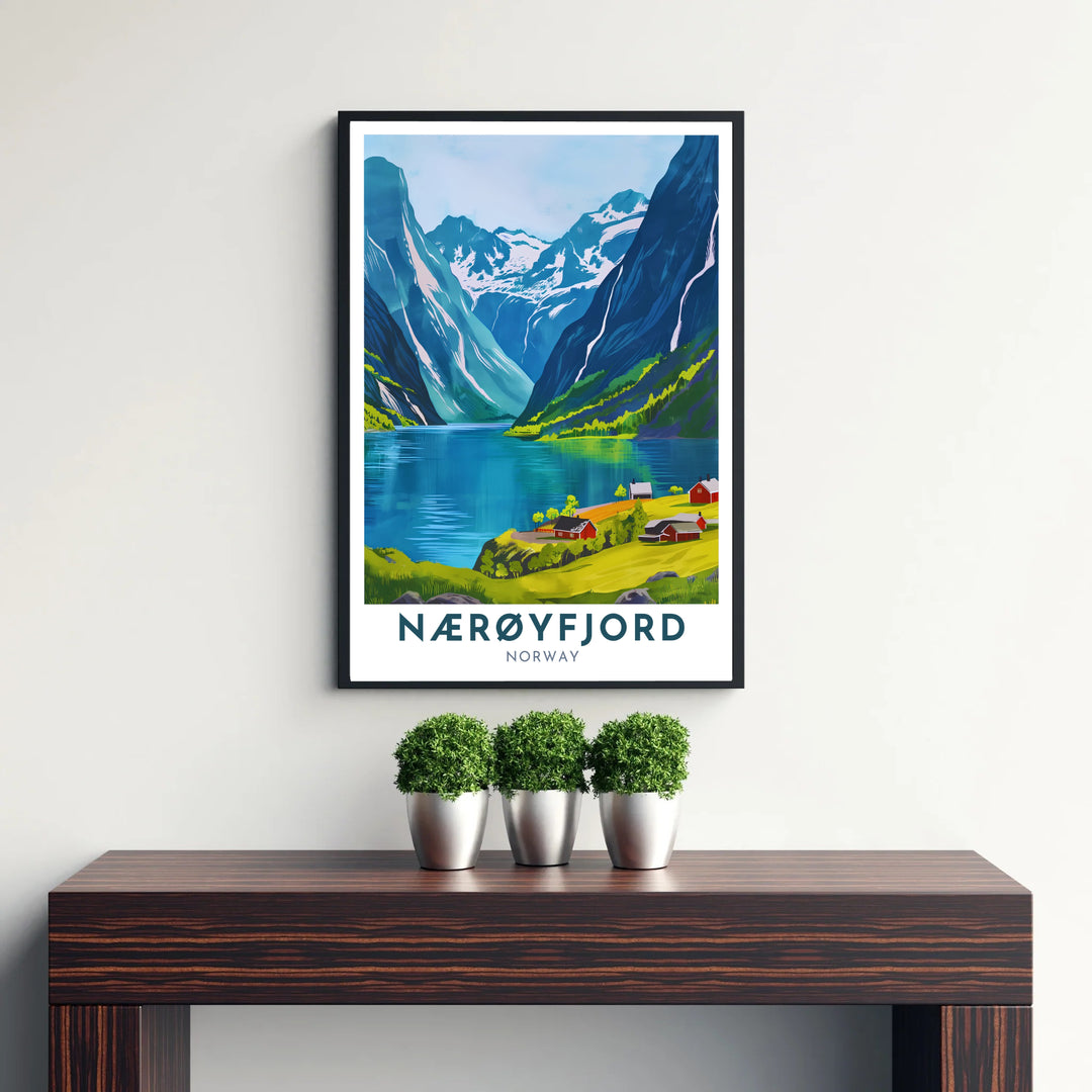 Iconic Norwegian landscape print illustrating the breathtaking cliffs and quiet waters of Nærøyfjord Norway during the summer season. Ideal for travel lovers, this wall decor selection includes lightweight unframed paper prints, solid wood framed prints, and gallery wrapped canvas wall decor options.