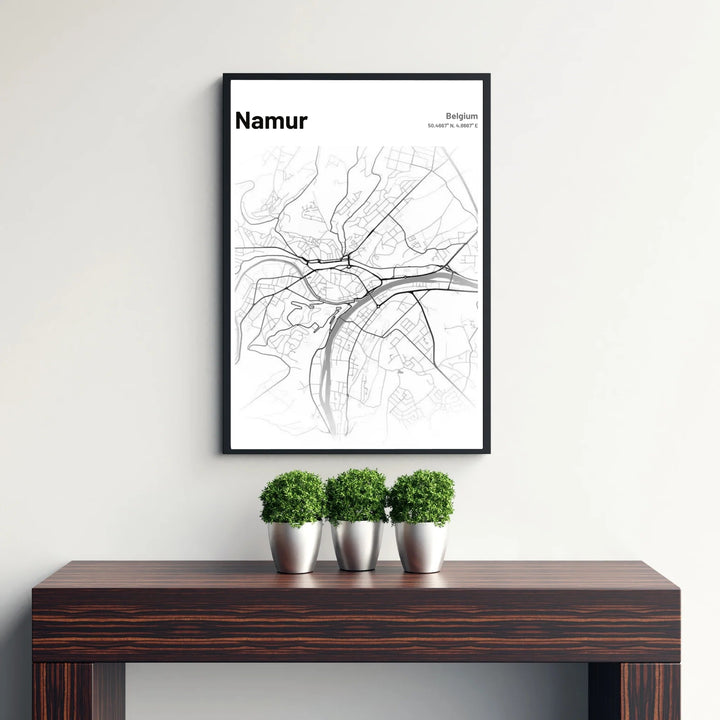 Detail-oriented black and white map design of Namur, Belgium, capturing main traffic arteries, local streets, and prominent river features cleanly. Offered by MapYourDreams, this artwork is available in flexible options including unframed paper, custom wooden frames, and gallery canvas wraps.