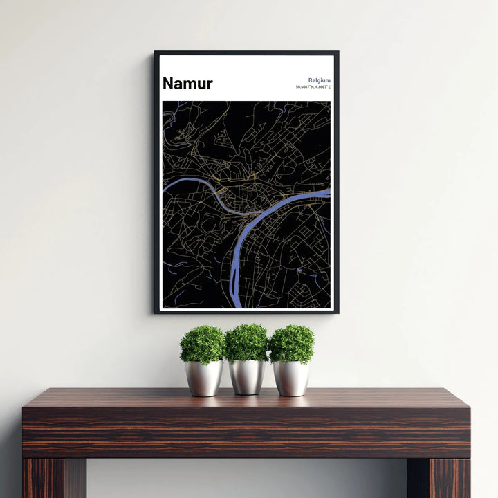 Detailed dark mode map design of Namur, Belgium, capturing main avenues in golden strokes and riverways in calm lavender-blue tones. Offered by MapYourDreams, this artwork is available in flexible options including unframed paper, custom wooden frames, and gallery canvas wraps.