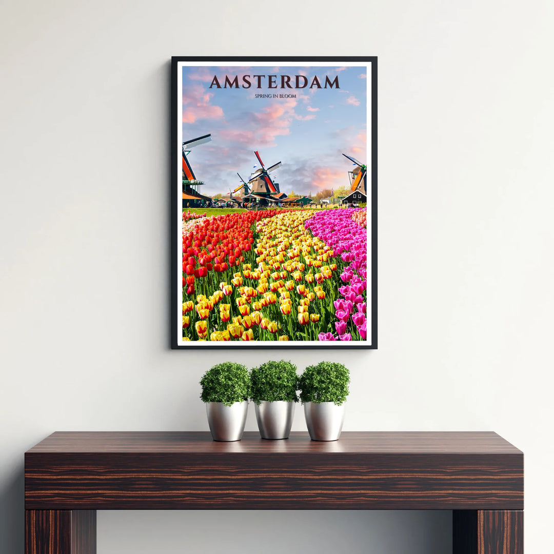 Romantic European country wall decor featuring rows of colorful tulips and historic windmills in full bloom in the Netherlands, provided by MapYourDreams with product selections including unframed paper prints, gallery canvas decor, and custom frame finishes in natural wood, gold, and bronze.