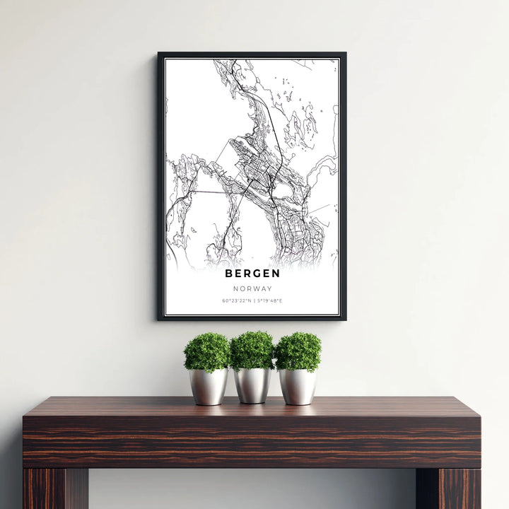 Architectural street plan map print of Bergen Norway capturing the intricate roads, bridges, and coastal islands in sharp black lines. Ideal for cartography lovers, this wall decor selection includes lightweight unframed paper prints, solid wood framed prints, and gallery wrapped canvas wall decor options.