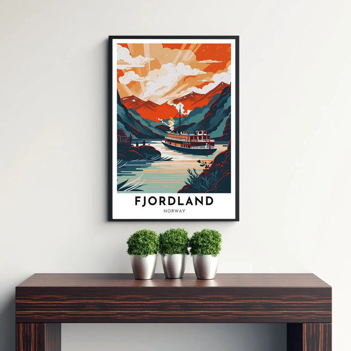 Nostalgic Scandinavian landscape illustration displaying a historic steamboat sailing through deep fjord waters under a dramatic sky. Ideal for art lovers, this wall decor selection includes lightweight unframed paper prints, solid wood framed prints, and gallery wrapped canvas wall decor options.