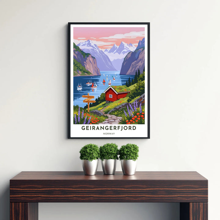 Scenic Nordic landscape illustration capturing a red cottage with a turf roof overlooking Geirangerfjord in Norway under soft pink sunset light. Ideal for art lovers, this wall decor selection includes lightweight unframed paper prints, solid wood framed prints, and gallery wrapped canvas wall decor options.