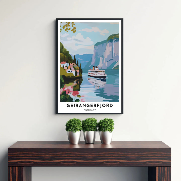 Detailed graphic art of Geirangerfjord Norway displaying a passenger boat, steep cliff walls, and a picturesque coastal village. Produced by MapYourDreams, this landscape piece is offered as custom framed prints, premium stretched canvas artwork, and classic unframed poster options.