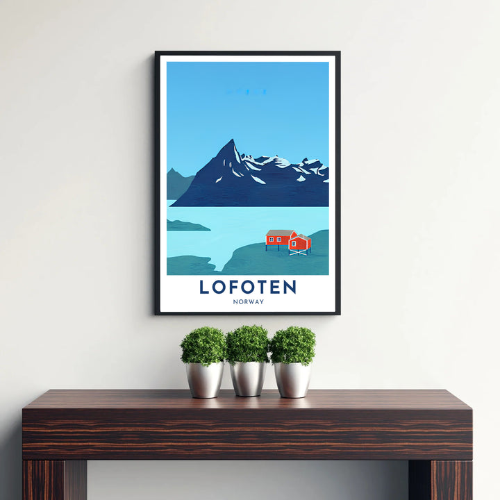 Scenic Arctic vector print illustrating Lofoten Norway under a clear blue sky with a minimalist mountain outline and shore cabins. A thoughtful decor choice, this artwork is available in simple unframed poster paper, protective framed art displays, and stretched canvas wraps.