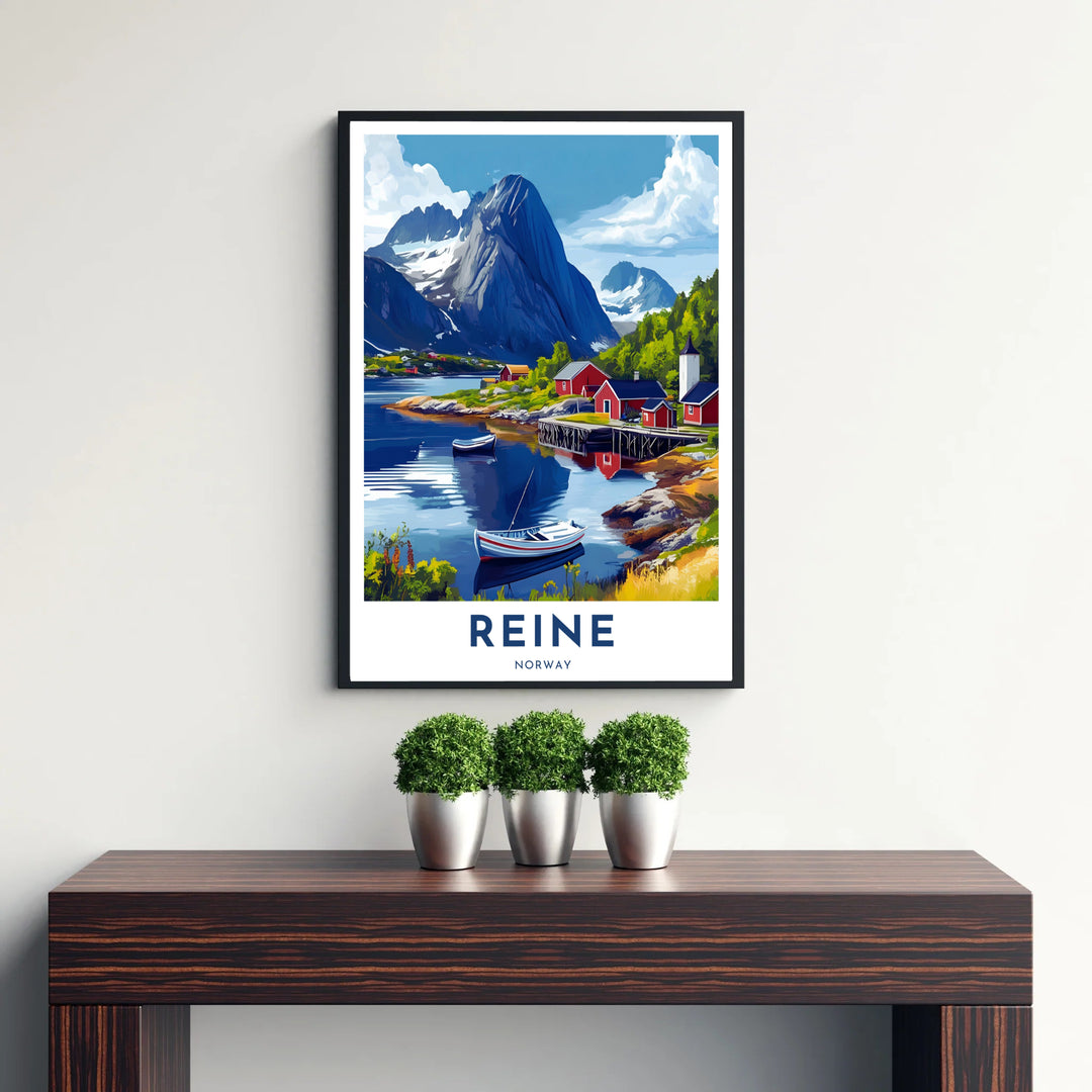 Nordic coastal wall art displaying the alpine harbor of Reine Norway with red shoreline houses and wooden boats resting on clear blue water. Available through MapYourDreams, this print can be ordered as an unframed art paper option, solid wood framed print, or floating canvas wall display.