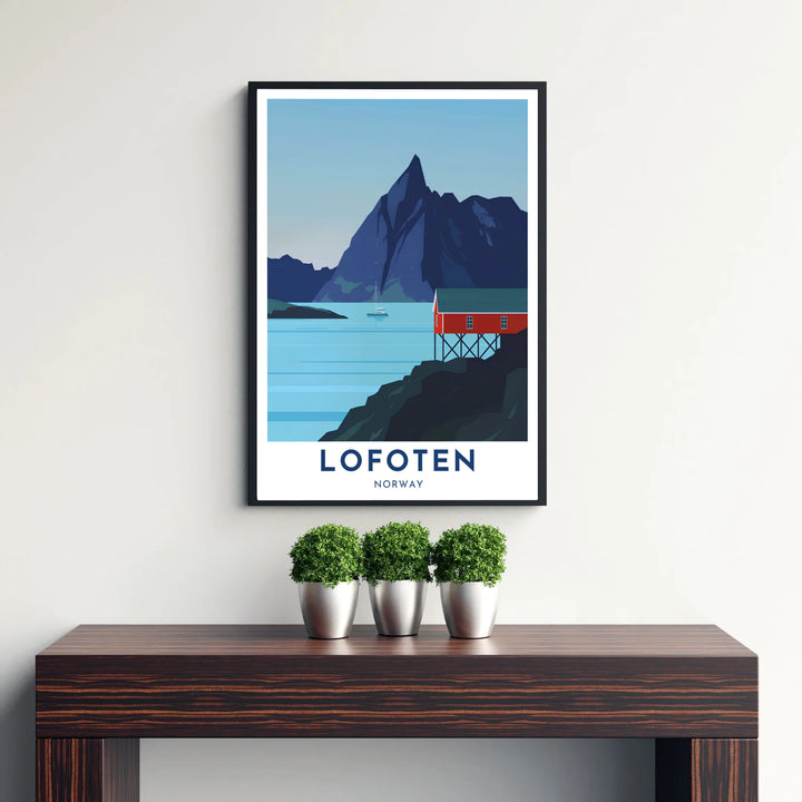 Minimalist fjord artwork of Lofoten Norway highlighting a single red rorbu hut, quiet waters, and a soaring mountain peak silhouette. Perfect for bedroom or living room decoration, choose between simple unframed paper prints, custom framed wall art displays, or premium stretched canvas panels.