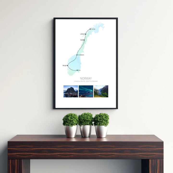 Fjord transit poster of Norway tracing the journey from Oslo up to Tromsø through Bergen and Lofoten with vibrant landscape photography. Perfect for office decoration, choose between simple unframed paper prints, custom framed wall art displays, or premium stretched canvas panels.