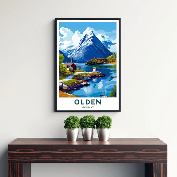 Travel illustration of Olden Norway displaying a peaceful lake reflection of dramatic glacier peaks and traditional village architecture. MapYourDreams delivers this Scandinavian wall decor across multiple options including unframed paper prints, custom wood frames, and stretched canvas art.