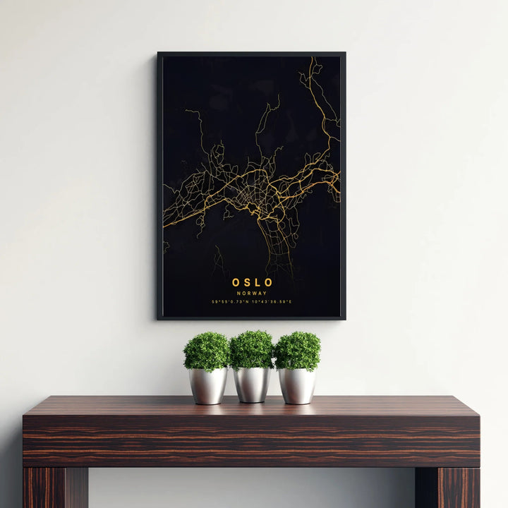 Elegant gold and black city street grid map of Oslo Norway with geographic coordinate details centered along the bottom margin. MapYourDreams provides this Scandinavian wall decor in configurations including unframed paper prints, custom wood frames, and gallery stretched canvas art.