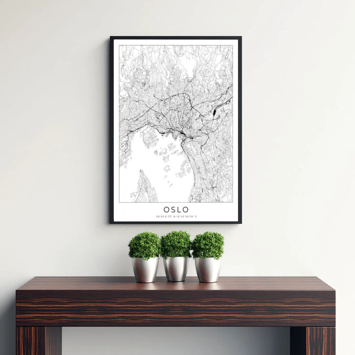 Black and white Scandinavian city map print of Oslo Norway with fine road vector lines and precise latitude and longitude markers. MapYourDreams provides this wall decor in configurations including unframed paper prints, custom wood frames, and gallery stretched canvas art.