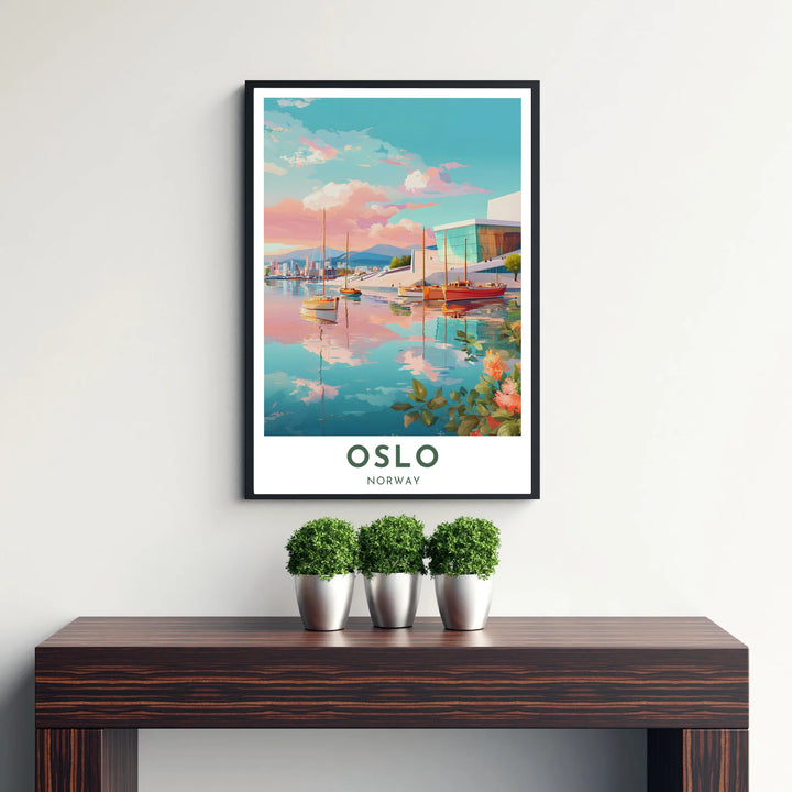 Picturesque waterfront print showcasing the Oslo Opera House architecture rising along the harbor with colorful cloud reflections. Available from MapYourDreams, choose between simple unframed paper prints, custom framed wall art displays, or premium stretched canvas panels.