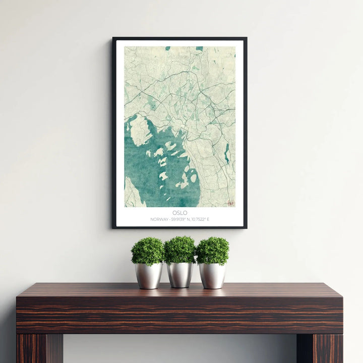 Teal blue Scandinavian cartography print of Oslo Norway featuring fine road lines and accurate latitude and longitude coordinate markers. MapYourDreams provides this wall decor in configurations including unframed paper prints, custom wood frames, and gallery stretched canvas art.