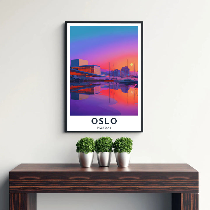 Stunning sunset harbor artwork of the Oslo Opera House in Norway featuring silhouette sailboat masts and deep violet fjord reflections. MapYourDreams provides this wall decor in configurations including unframed paper prints, custom wood frames, and gallery stretched canvas art.