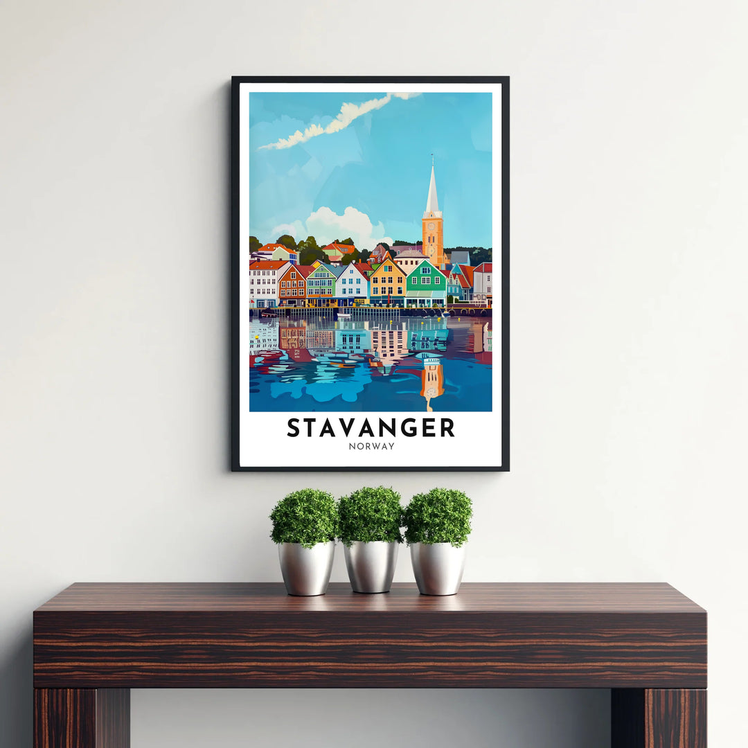 Scenic harbor waterfront poster of Stavanger Norway highlighting traditional Norwegian timber architecture and vivid water mirror effects. MapYourDreams provides this wall decor in configurations including unframed paper prints, custom wood frames, and gallery stretched canvas art.