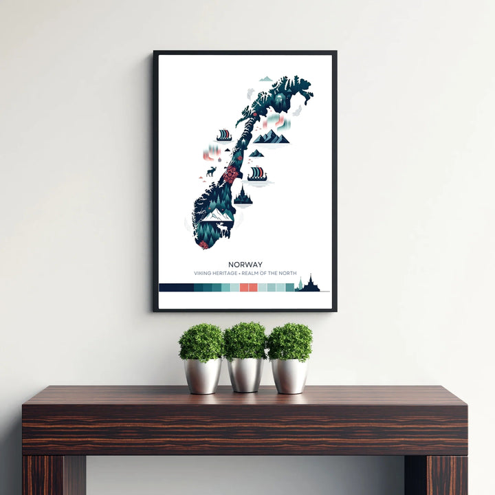 Scenic illustrated map print of Norway featuring dark navy and spruce green nature fills alongside traditional stave church outlines and sea ships. MapYourDreams provides this wall decor in configurations including unframed paper prints, custom wood frames, and gallery stretched canvas art.
