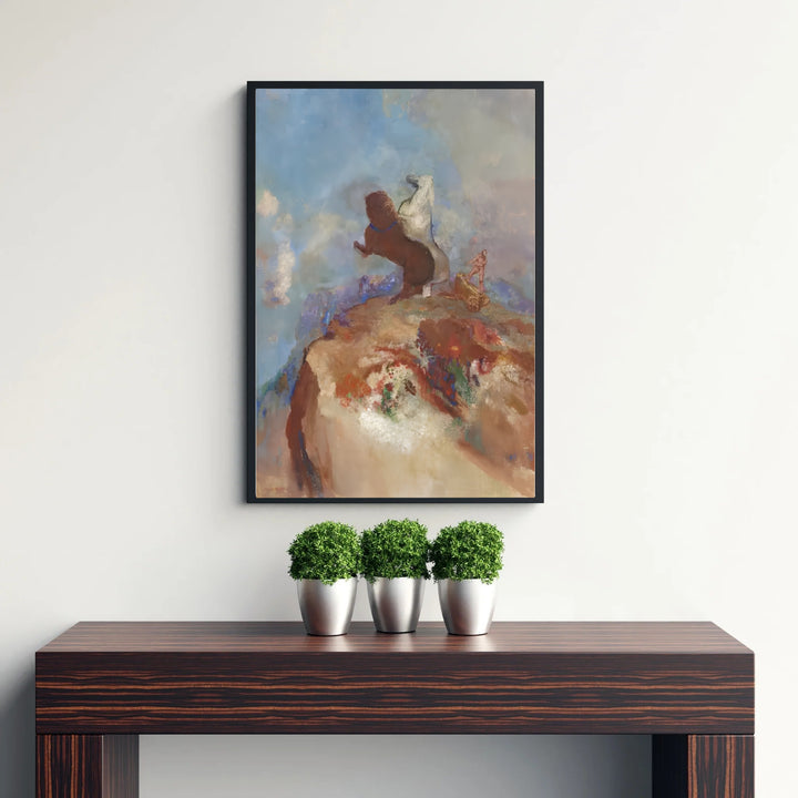 Early 20th century Symbolist graphic print of Odilon Redon Apollo In His Chariot 1905 located in Rijksmuseum Amsterdam featuring dreamlike pastel hues. Discover custom framed artwork, unframed poster choices, and stretched canvas wall decor at MapYourDreams for home art displays.