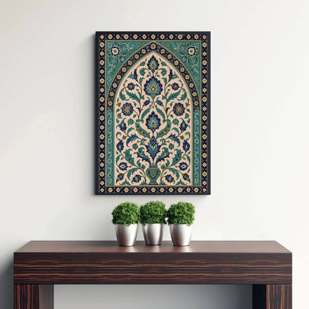 Cobalt blue and turquoise ceramic tile photo poster of a classic Iznik archway panel under clean studio lighting. Published by MapYourDreams, this artwork is available in flexible options including unframed paper, custom wooden frames, and gallery canvas wraps for fine art display.