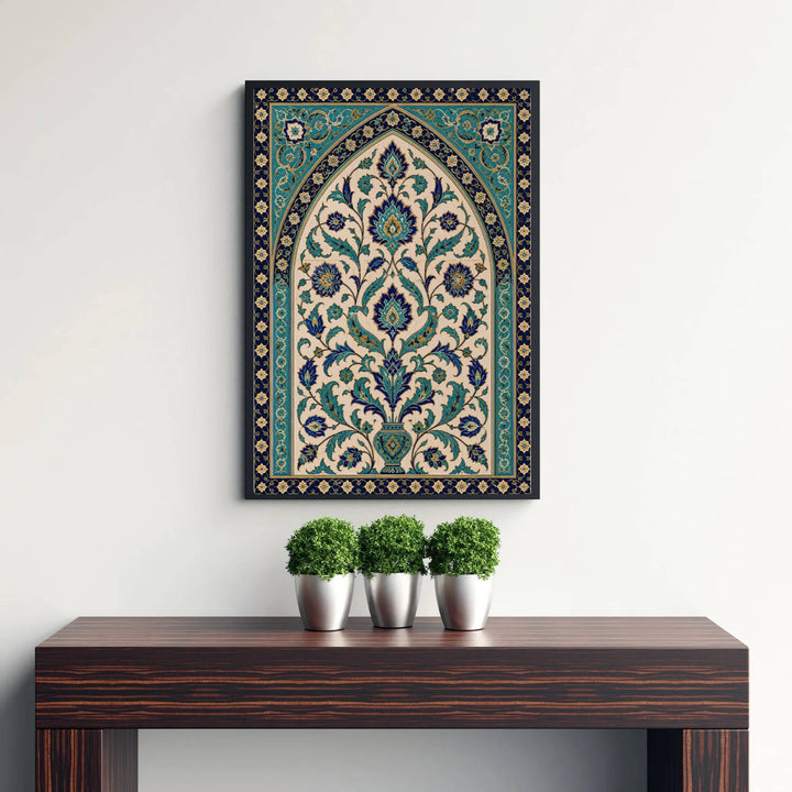 Cobalt blue and turquoise ceramic tile photo poster of a classic Iznik archway panel under clean studio lighting. Published by MapYourDreams, this artwork is available in flexible options including unframed paper, custom wooden frames, and gallery canvas wraps for fine art display.