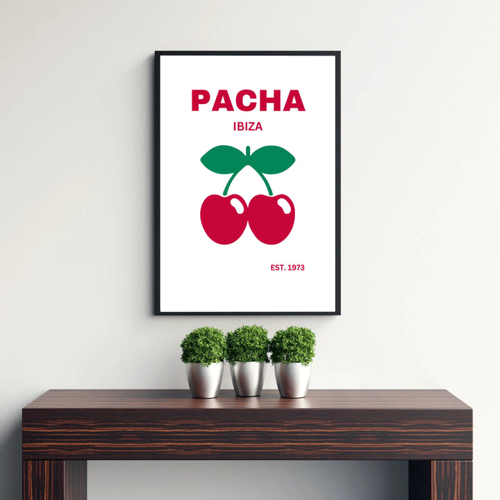 Minimalist venue poster with bold cherry graphic and Est 1973 inscription for Pacha in Ibiza, Spain, created by MapYourDreams offering options for unframed poster prints, gallery canvas decor, or custom frame choices for record rooms and home studios.