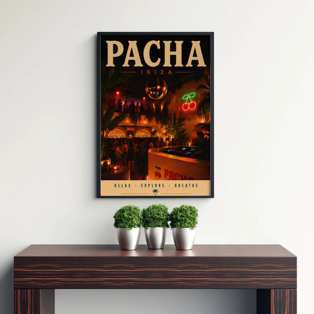 Retro party scene art print showcasing warm lighting, DJ booth area, and glowing signage for Pacha in Ibiza, Spain, created by MapYourDreams offering options for unframed poster prints, gallery canvas decor, or custom frame choices for record rooms and home music studios.